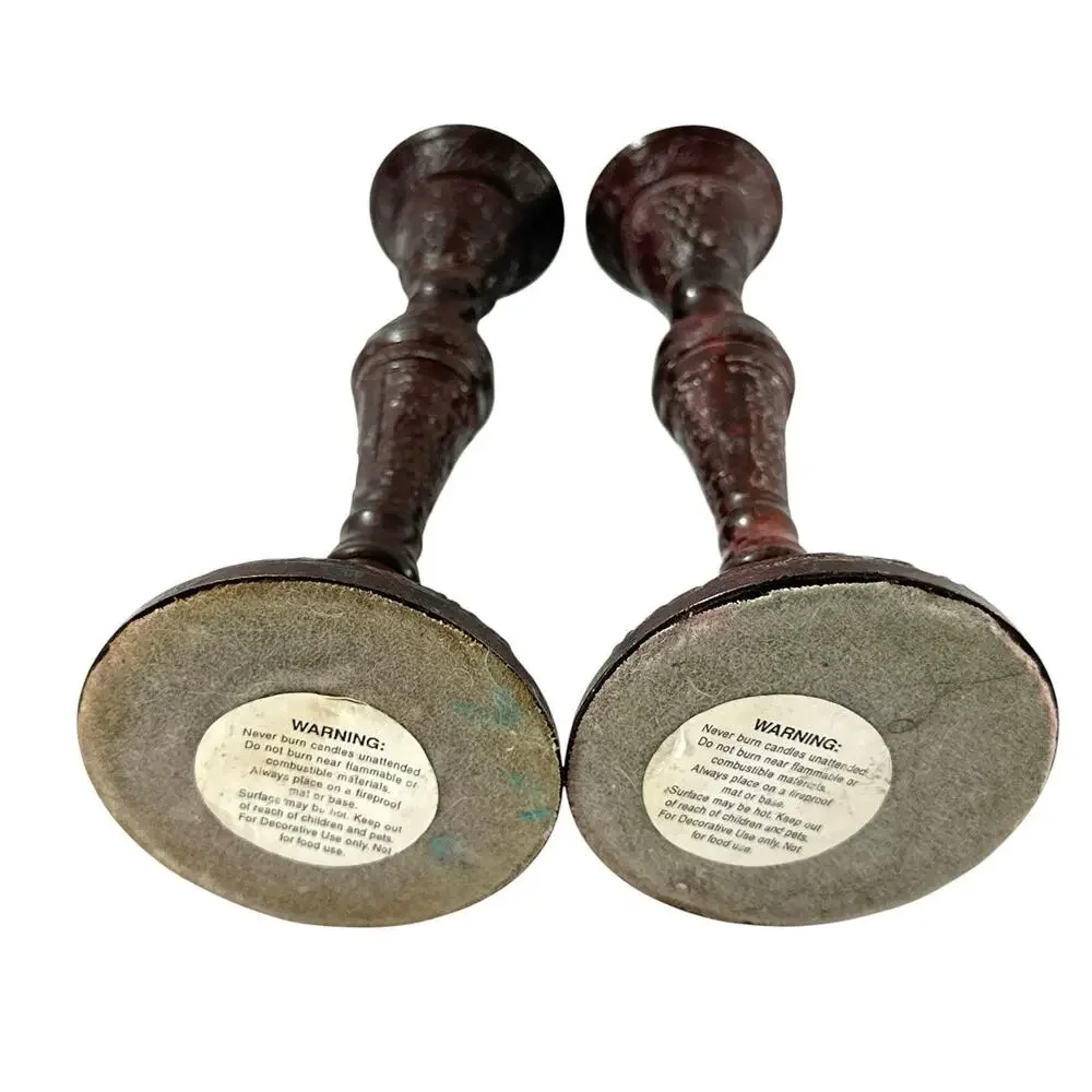 Pair Ornate Metal Candlestick Holders 6.8” Antiqued Burgundy Victorian Style